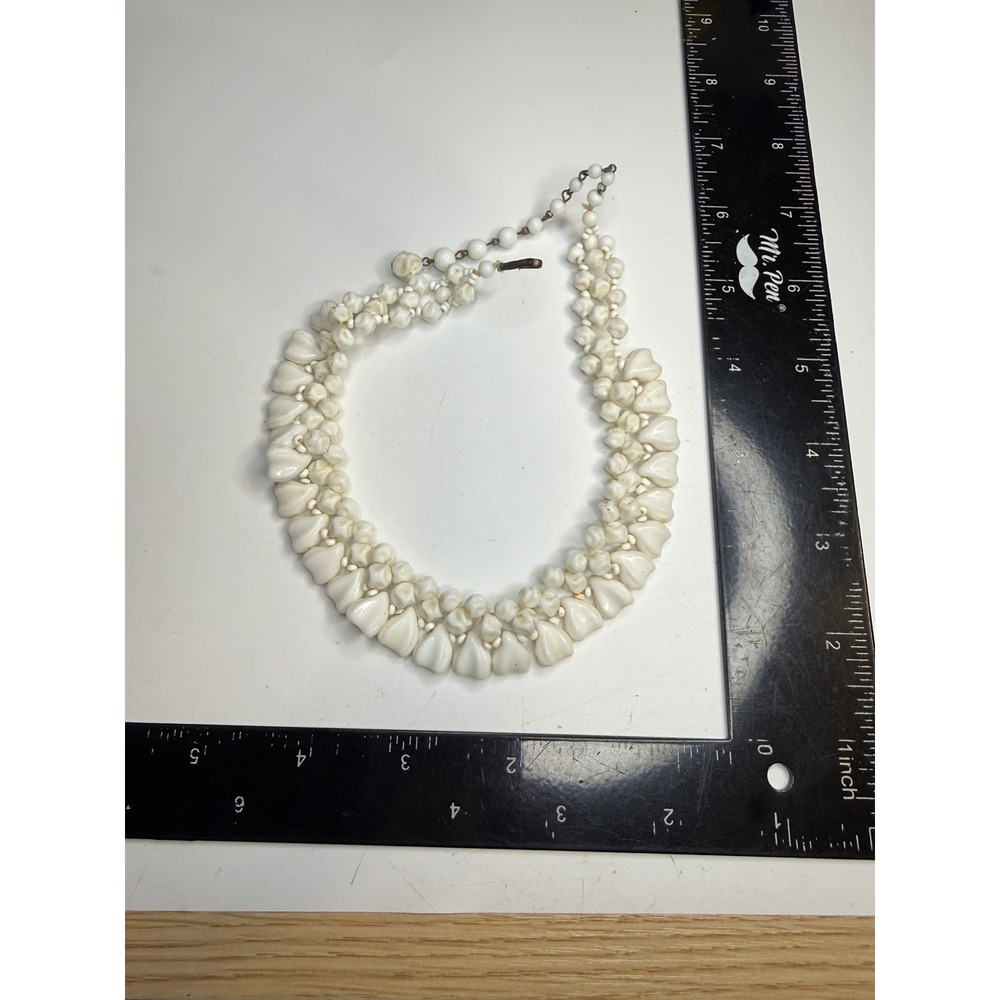 Vintage West Germany Milk Glass Heart Bead Multi Strand Bib Necklace White